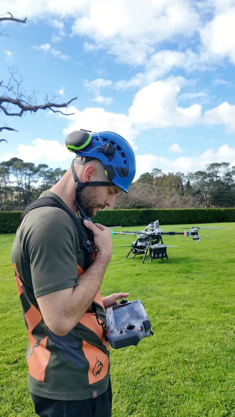 Ben from Vantage Drone Services operating the DJI Agras T100 heavy-lift drone at Riverhead Tavern