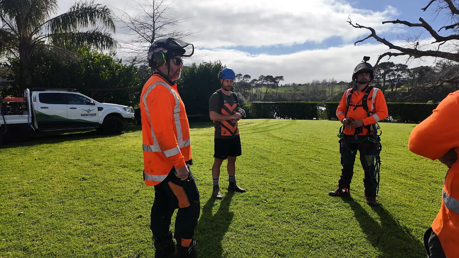 Hardfell arborists and Vantage Drone Services team briefing before drone-assisted tree removal at Riverhead Tavern