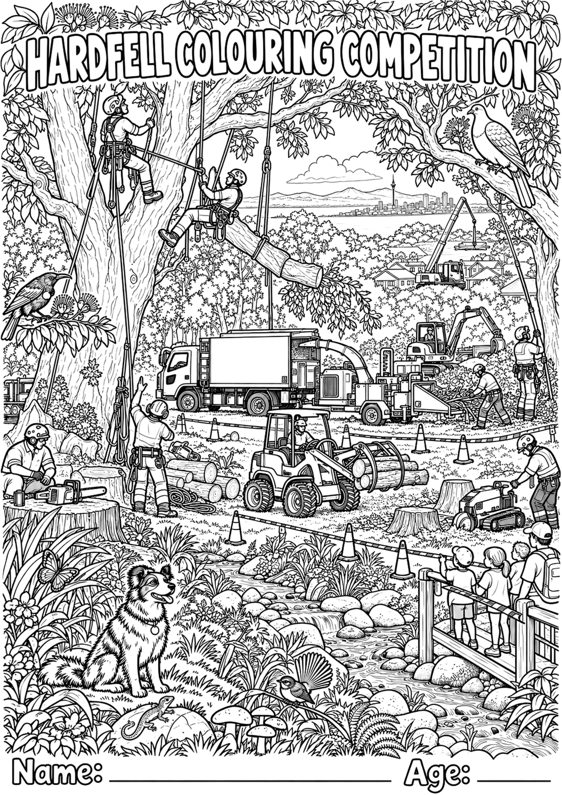 Hardfell Busy Worksite colouring page with trees, arborists and equipment