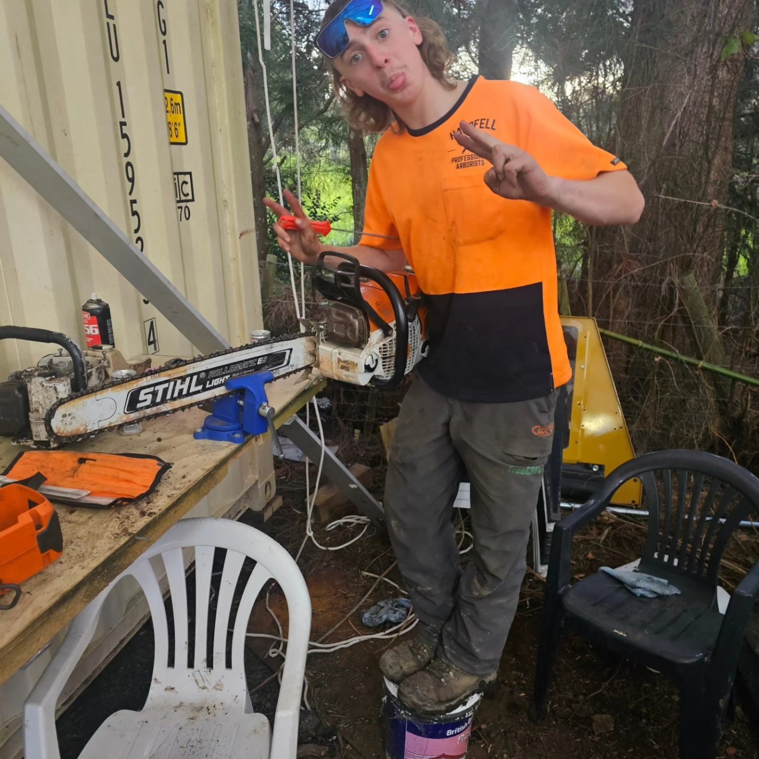 Zane Sainty beside the chainsaw maintenance bench at Hardfell